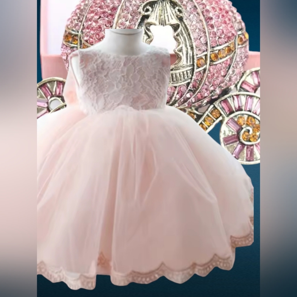 COPY - Elegant Pink Lace Tulle Dress With Matching Headband.